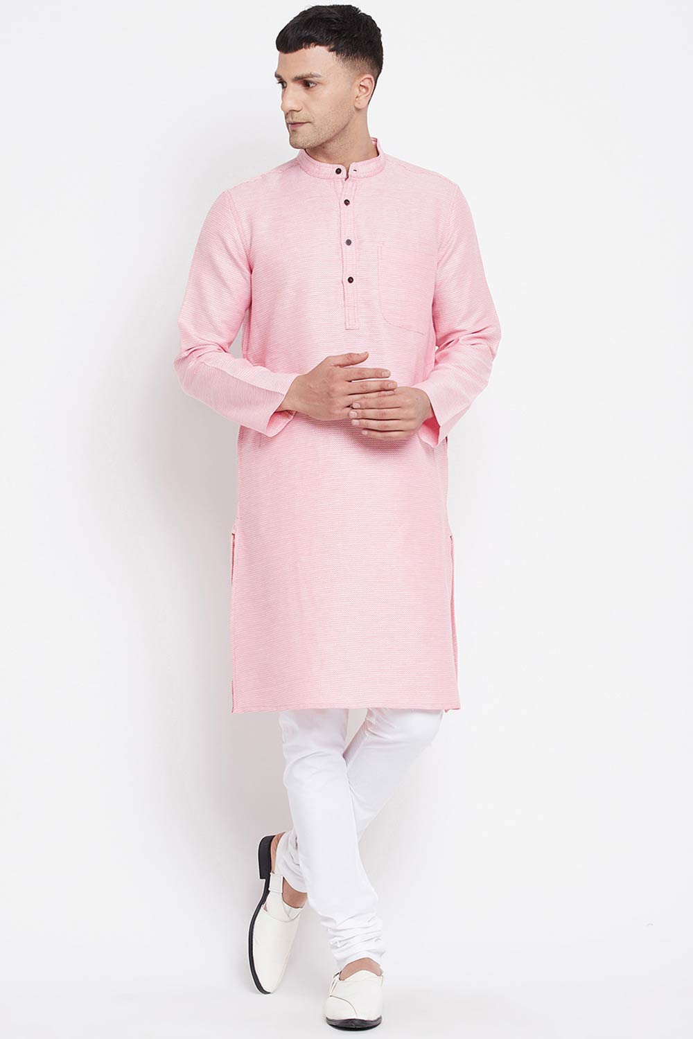 Men's Pure Cotton Stripe Printed Long Kurta Top In Light Orange Pink