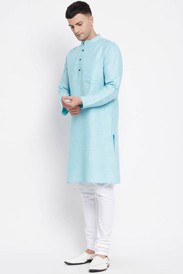 Buy Men's Rayon Stripe Printed Sherwani Kurta in Light Blue - Back