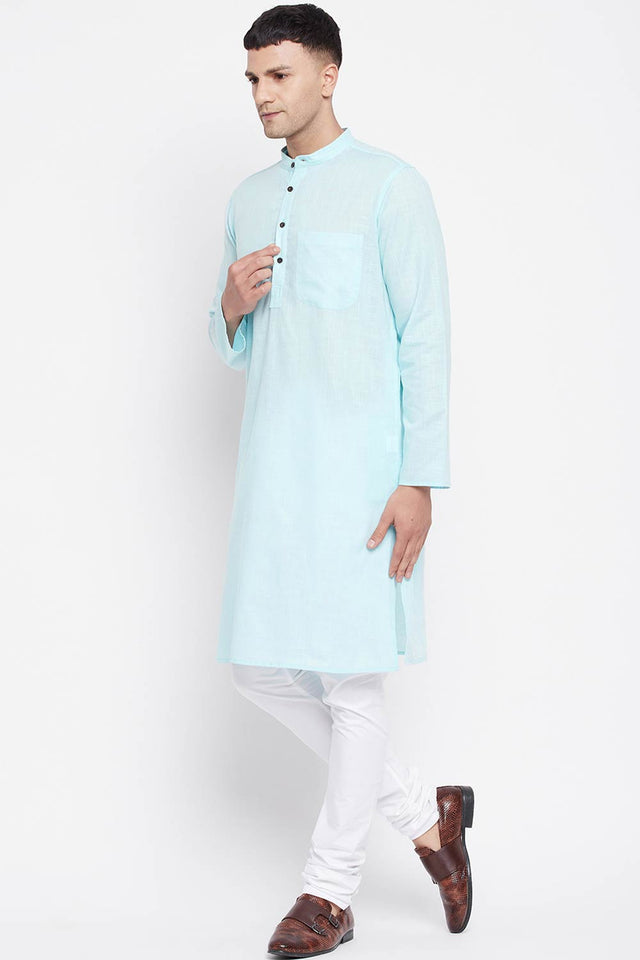 Buy Men's Pure Cotton Solid Sherwani Kurta in Light Blue - Back