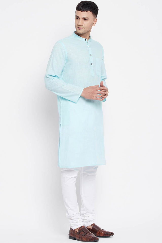 Buy Men's Pure Cotton Solid Sherwani Kurta in Light Blue - Side