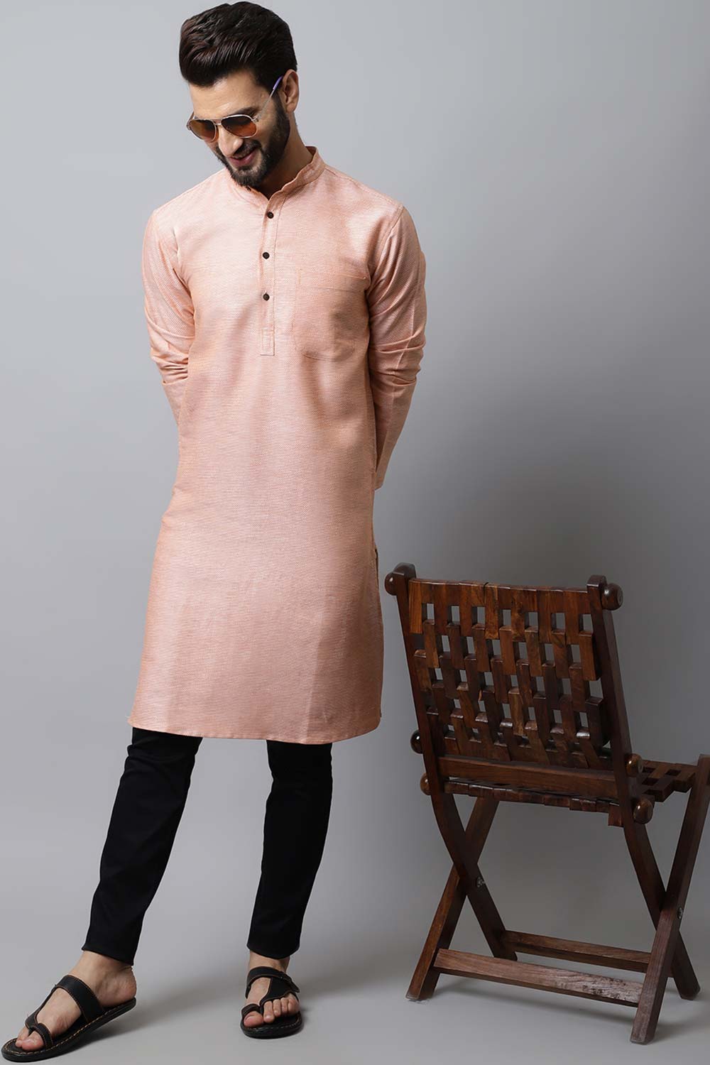 Men's Light Pink Self-Design Full Sleeve Kurta Top
