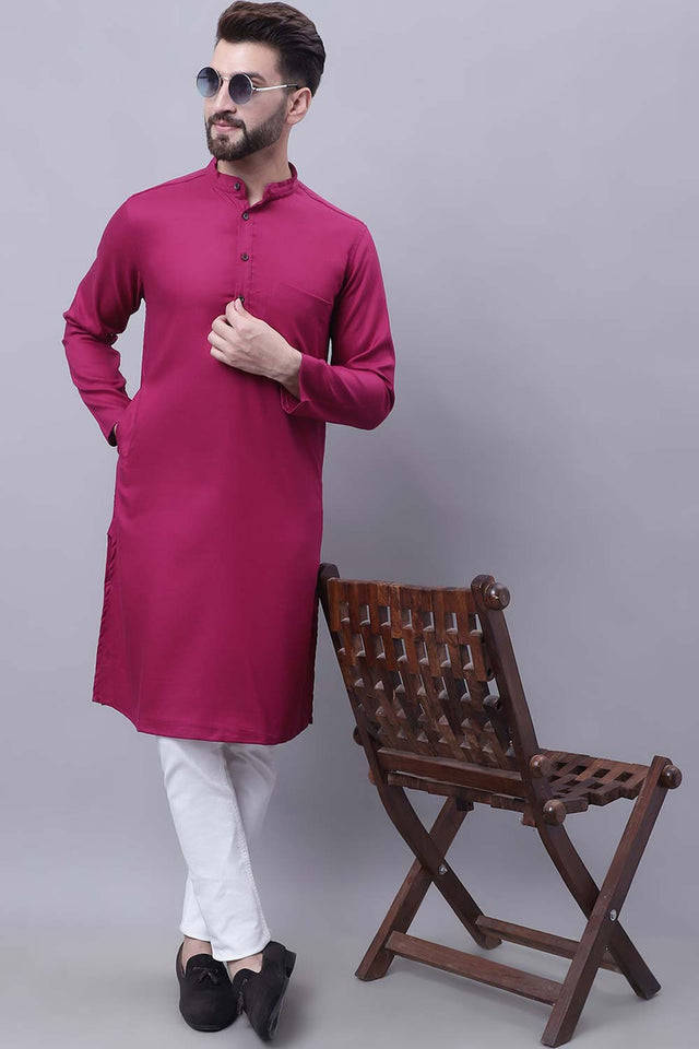 Buy Men's Wine Cotton Solid Long Kurta Top Online - Zoom In