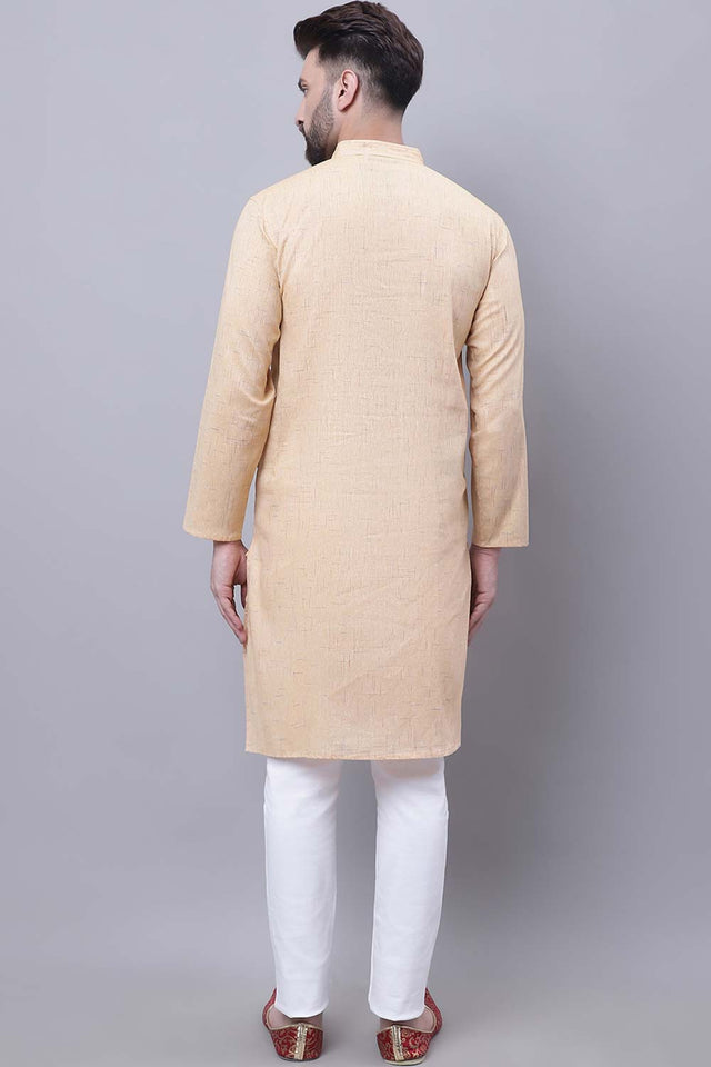 Buy Men's Yellow Cotton Printed Long Kurta Top Online - Front