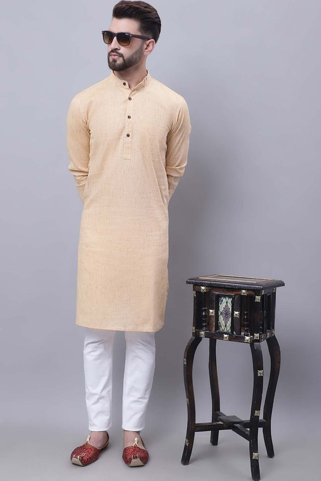 Buy Men's Yellow Cotton Printed Long Kurta Top Online - Zoom In