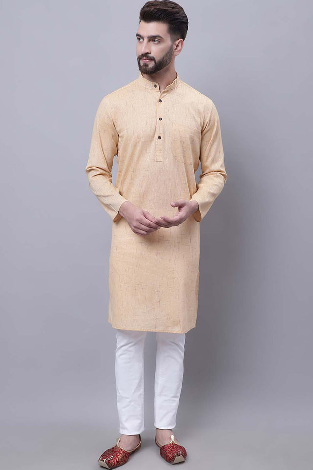 Buy Men's Yellow Cotton Printed Long Kurta Top Online