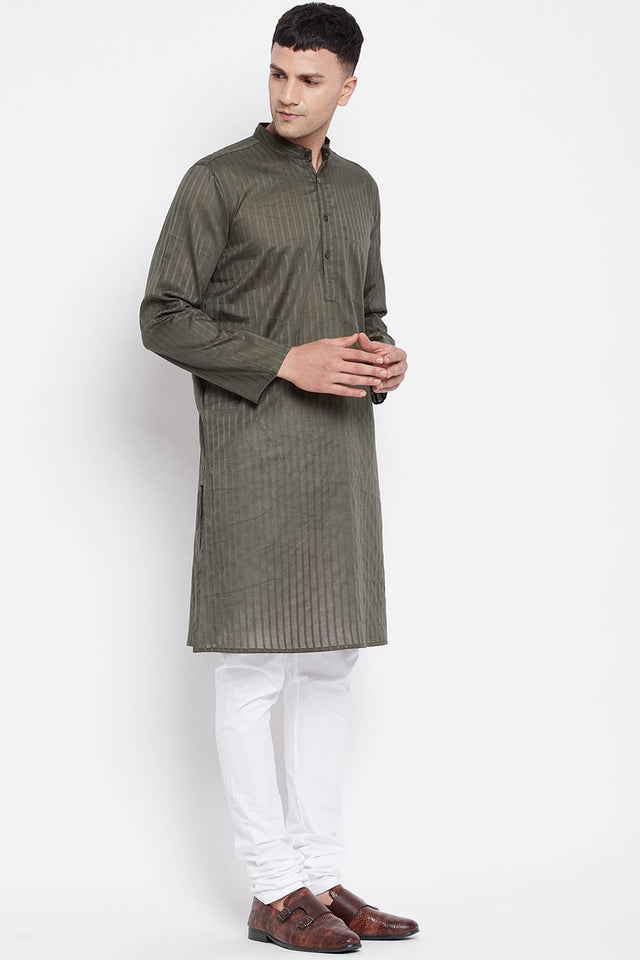 Buy Men's Pure Cotton Stripe Printed Sherwani Kurta in Light Green - Side