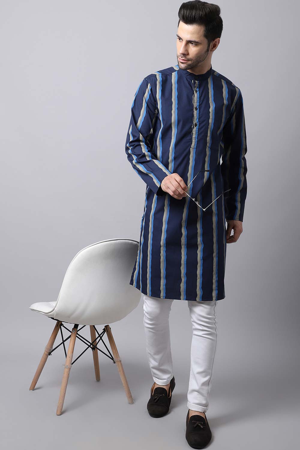 Men's Dark Navy Self-Design Full Sleeve Long Kurta Top