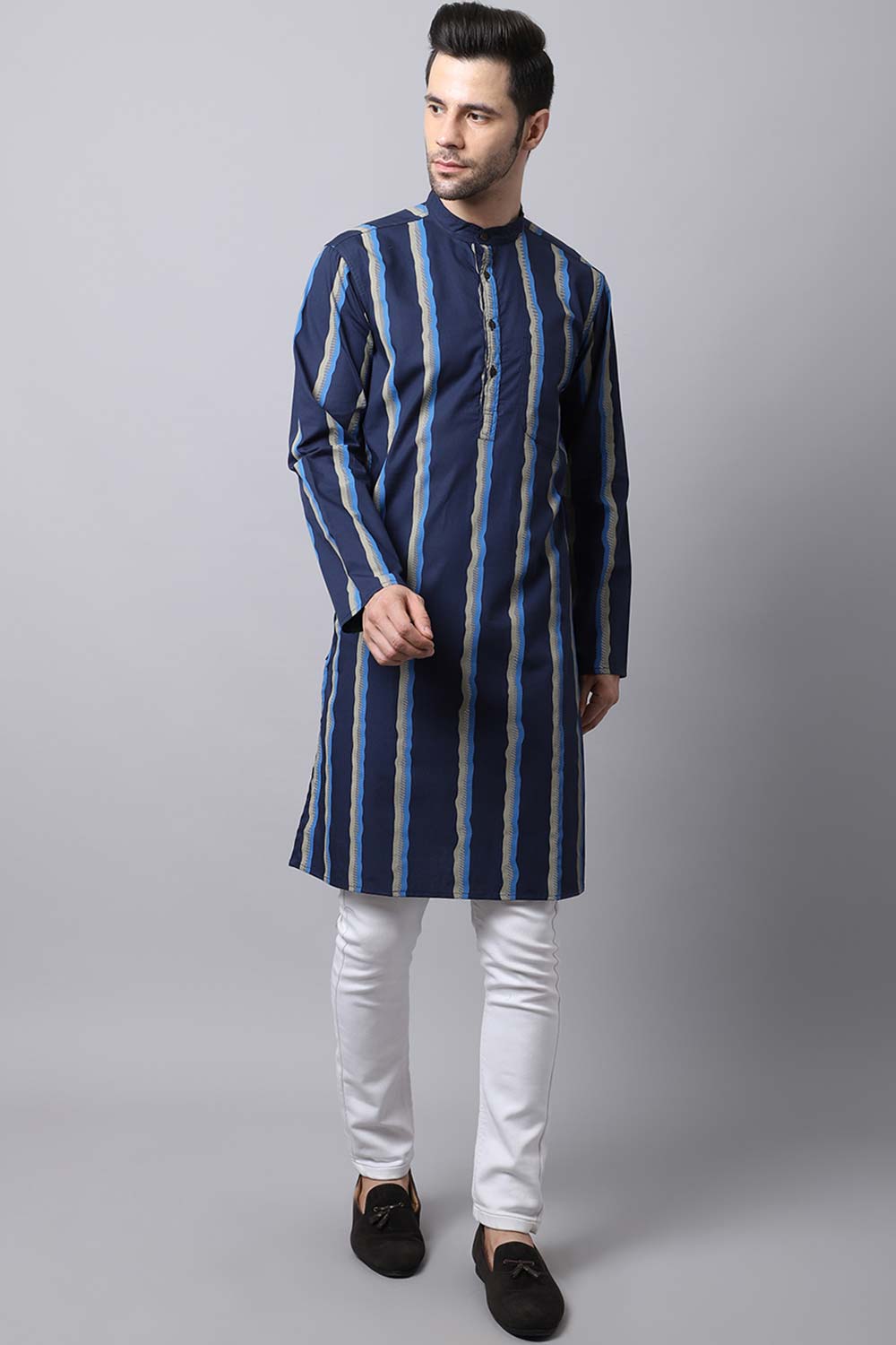Men's Dark Navy Self-Design Full Sleeve Long Kurta Top