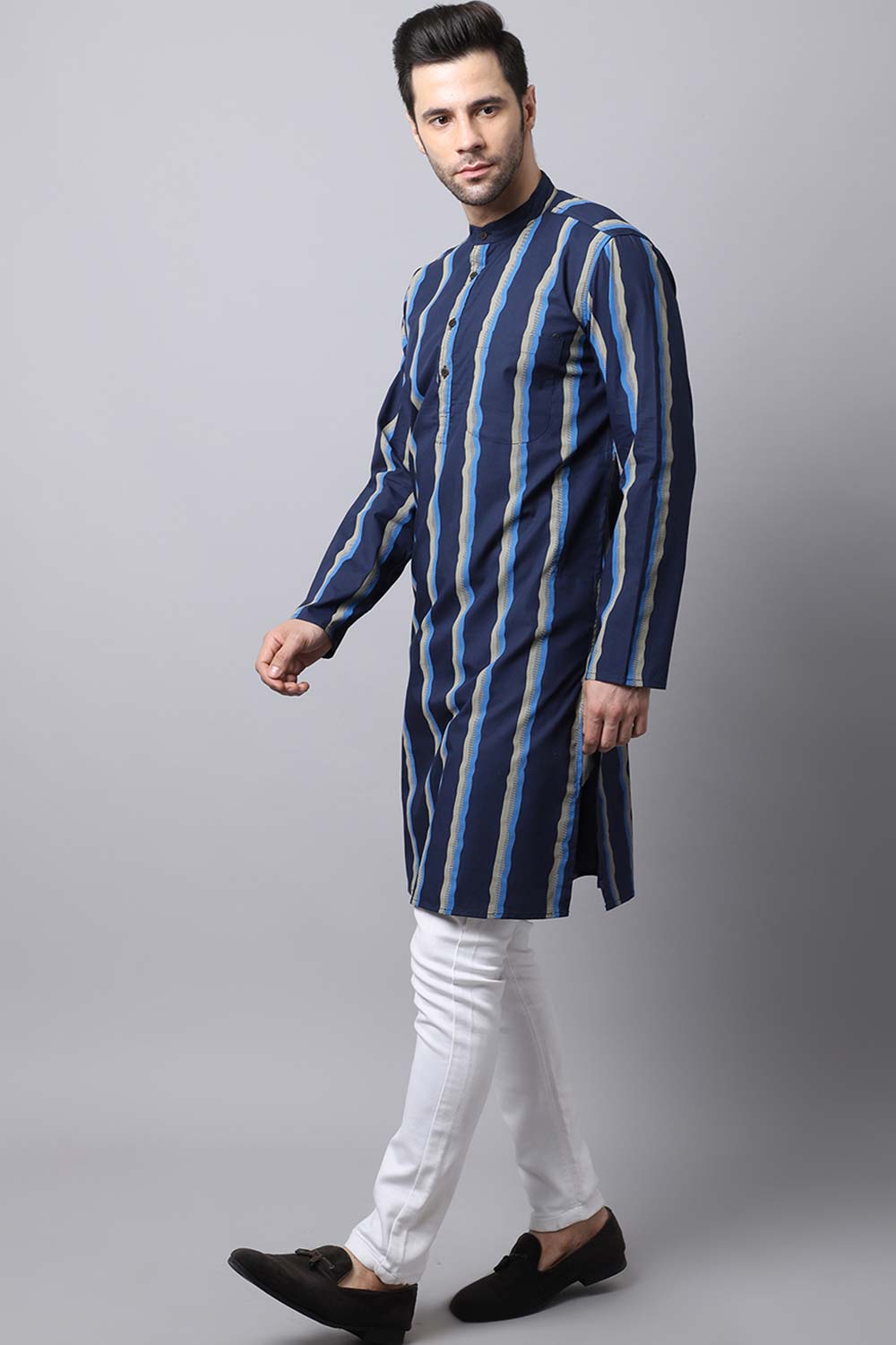 Men's Dark Navy Self-Design Full Sleeve Long Kurta Top