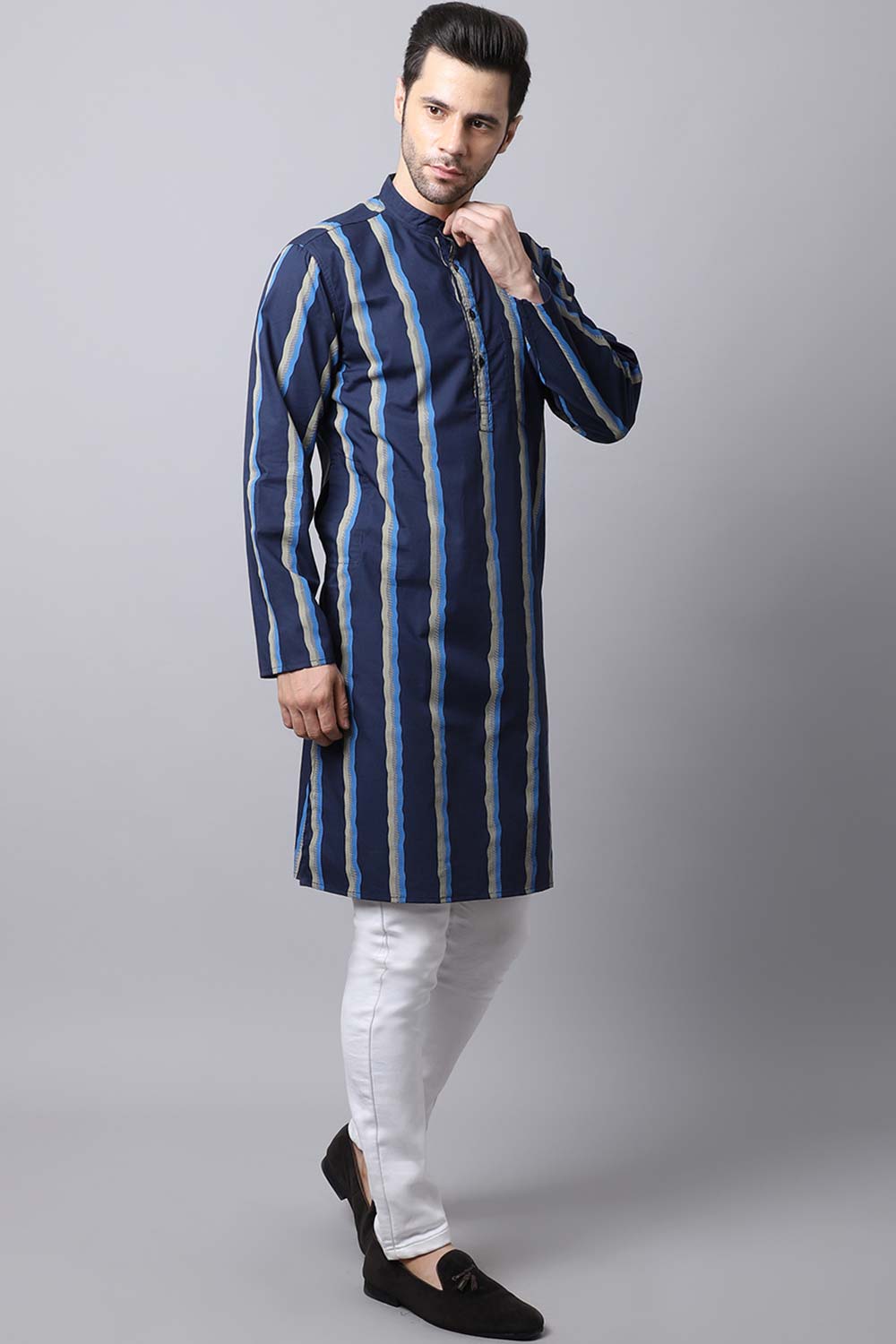 Men's Dark Navy Self-Design Full Sleeve Long Kurta Top