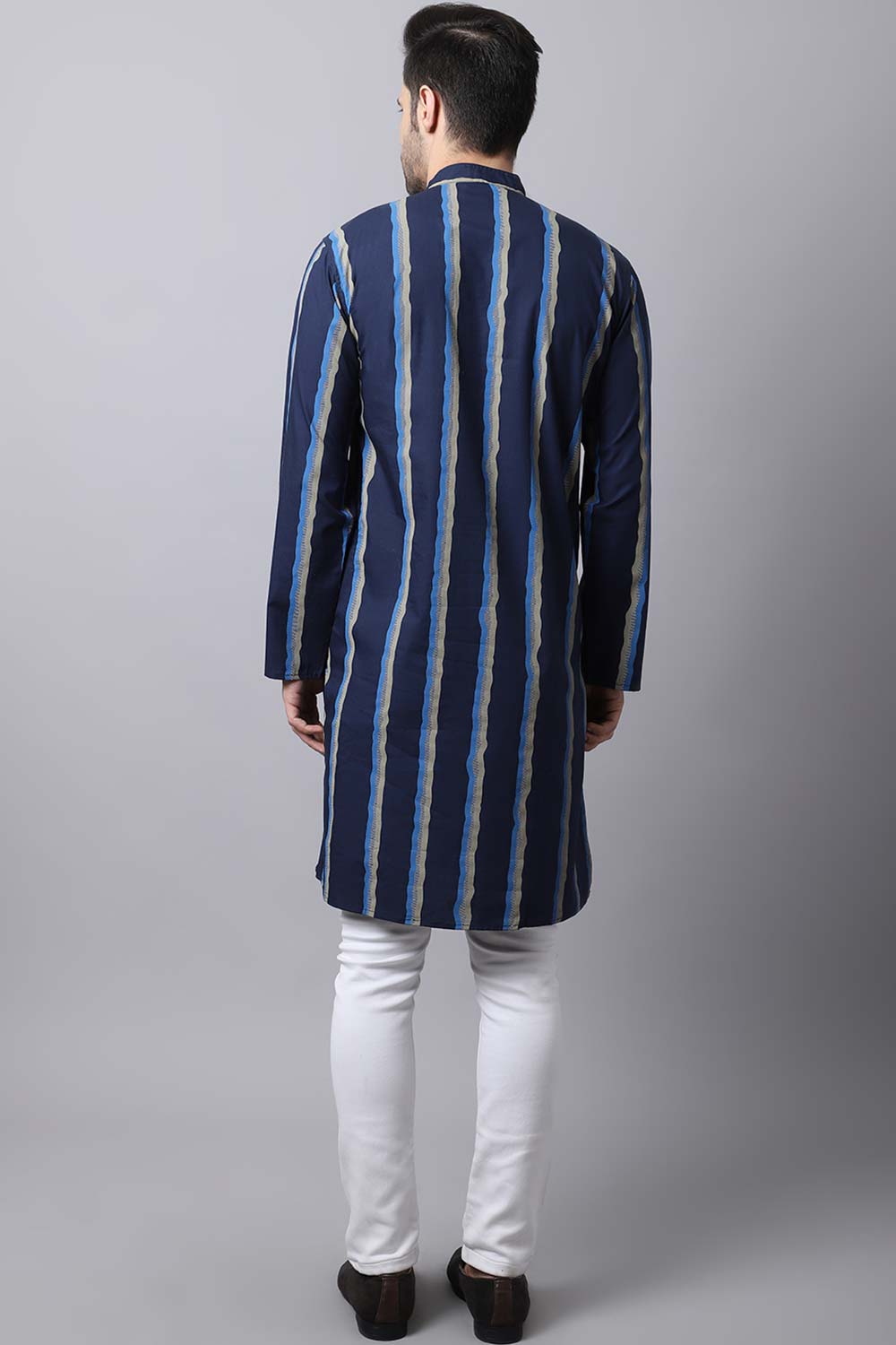 Men's Dark Navy Self-Design Full Sleeve Long Kurta Top