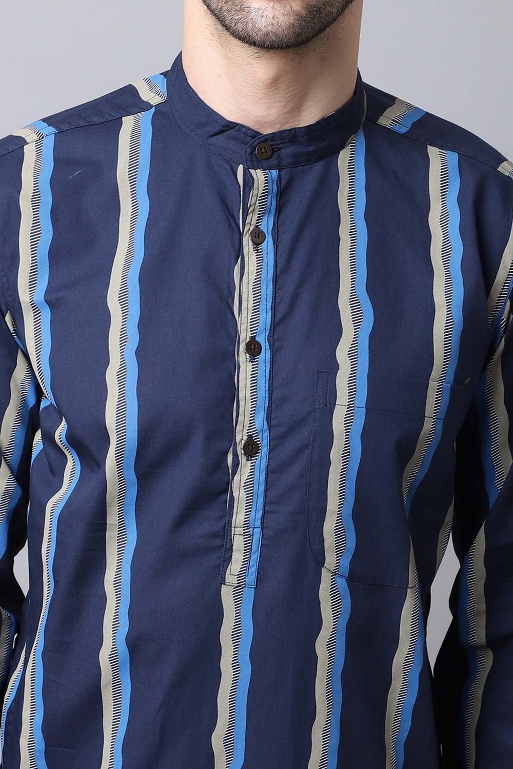 Men's Dark Navy Self-Design Full Sleeve Long Kurta Top