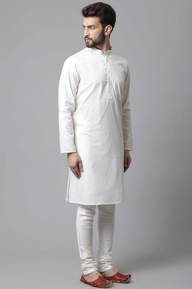 Buy Men's White Cotton Stripes Long Kurta Online - KARMAPLACE
