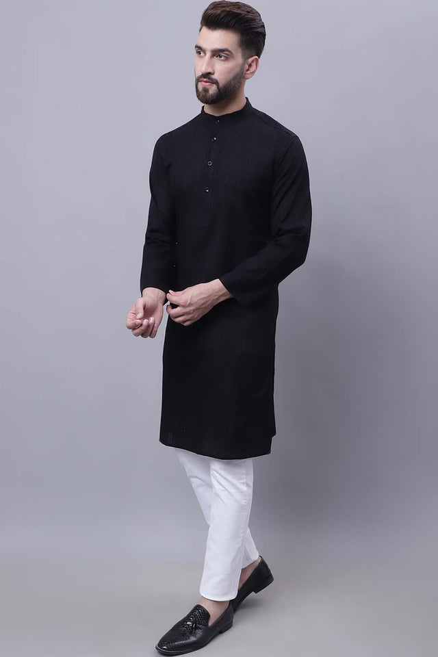 Buy Men's Black Cotton Self Design Long Kurta Top Online - Back