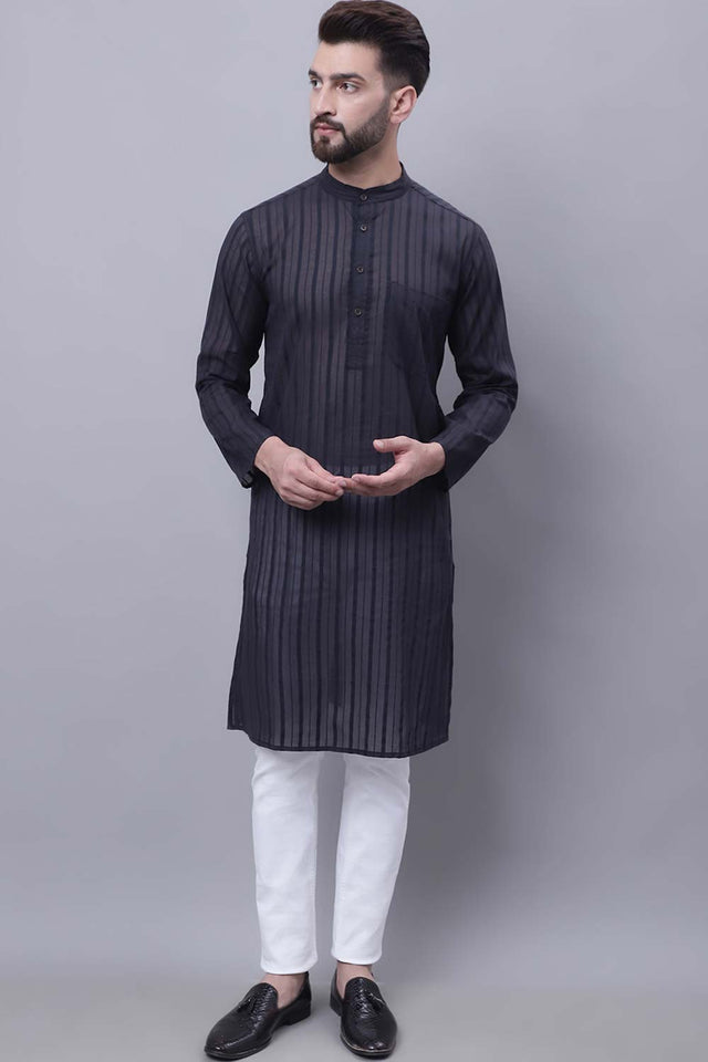 Buy Men's Black Cotton Striped Long Kurta Top Online