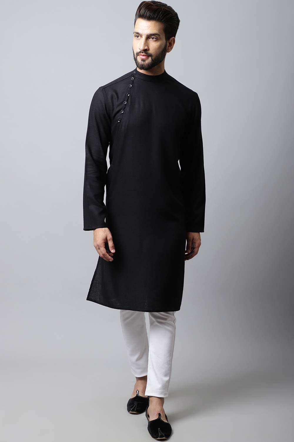 Men's Dark Black Self-Design Full Sleeve Kurta Top