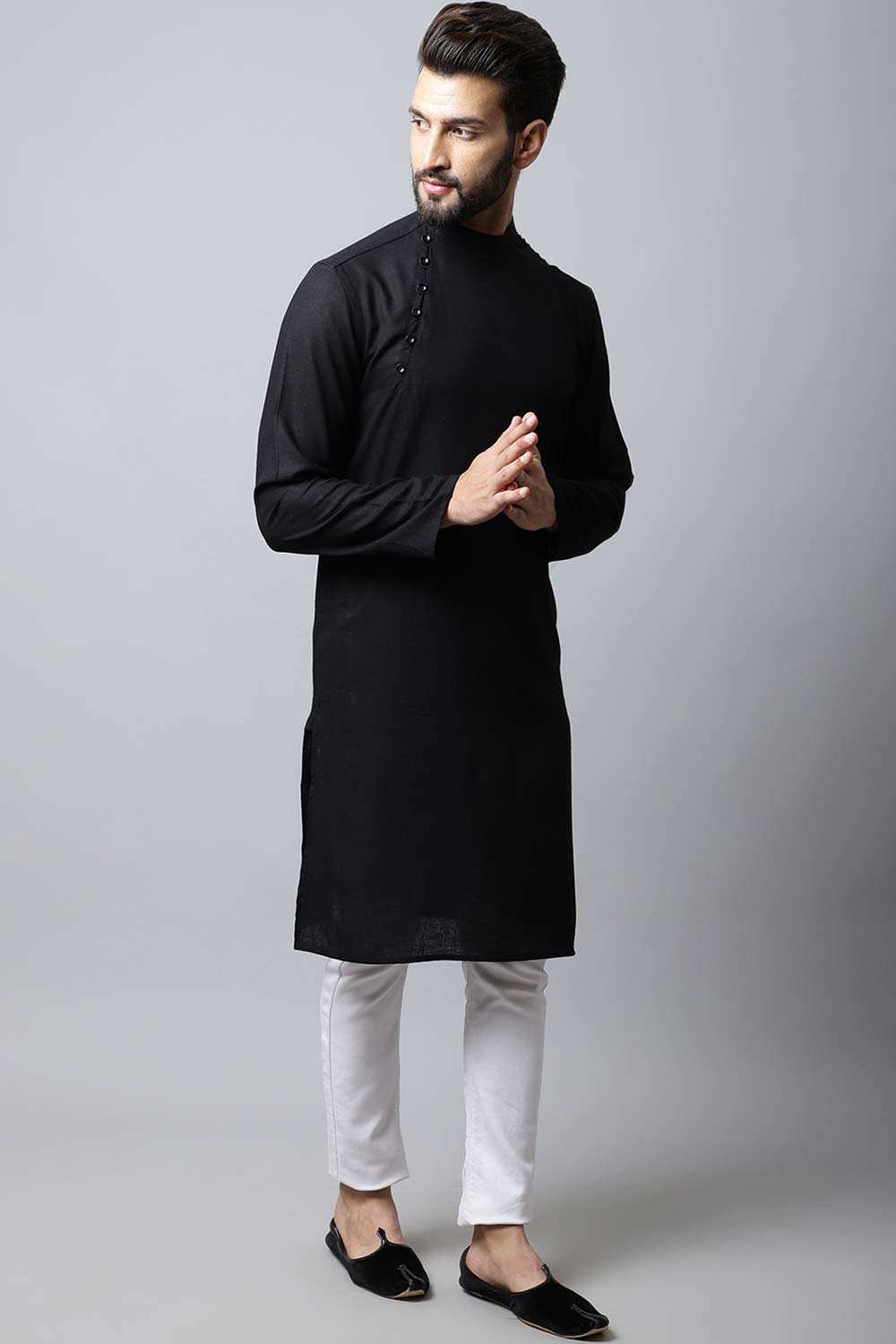 Men's Dark Black Self-Design Full Sleeve Kurta Top