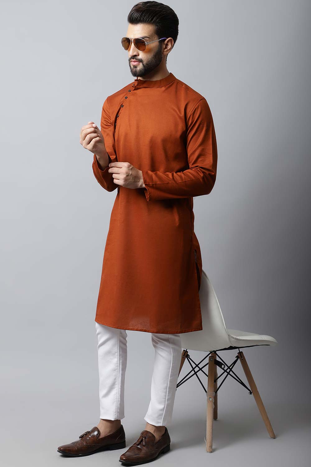 Men's Dark Brown Self-Design Full Sleeve Long Kurta Top