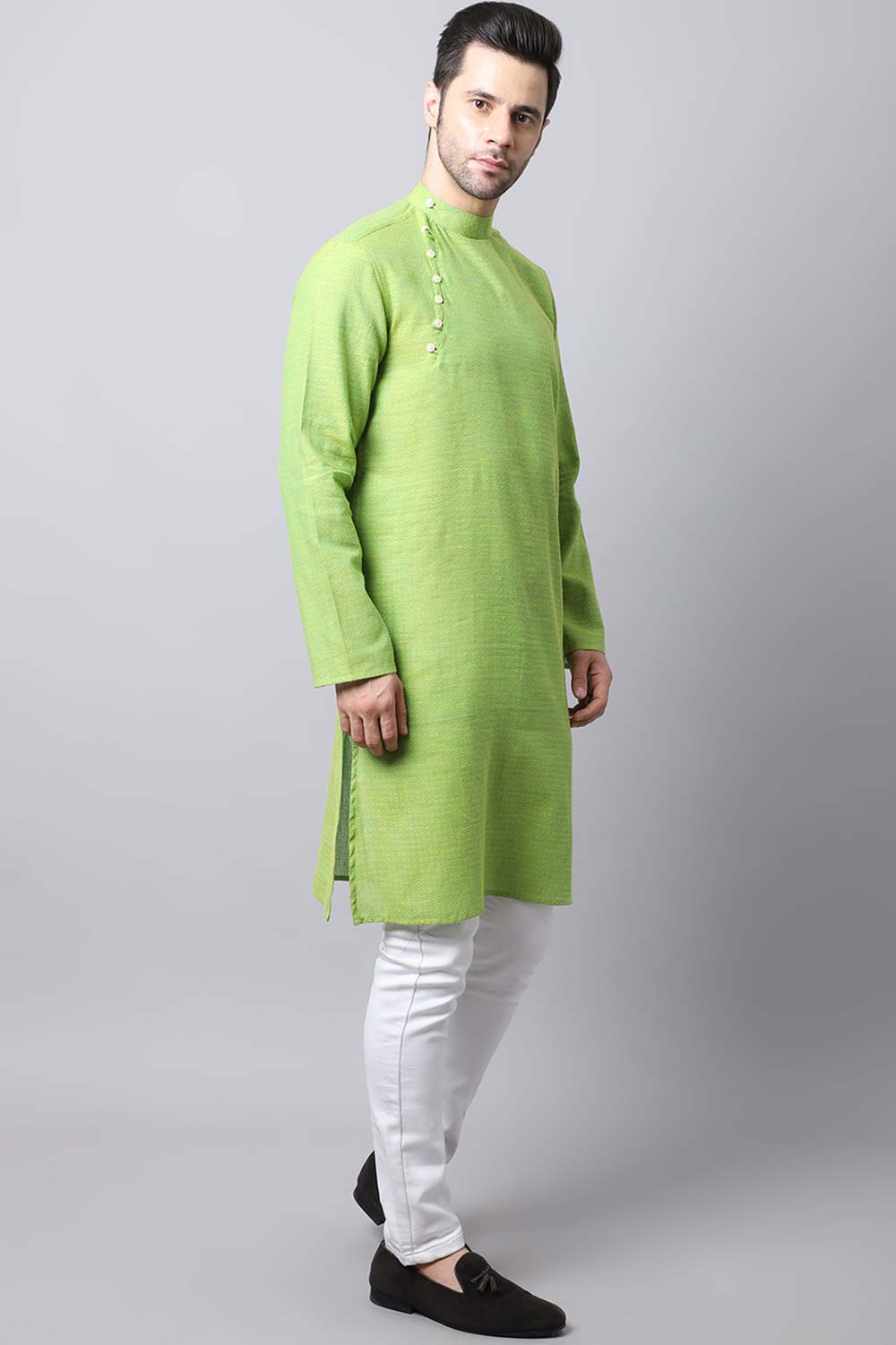 Men's Light Green Solid Full Sleeve Long Kurta Top