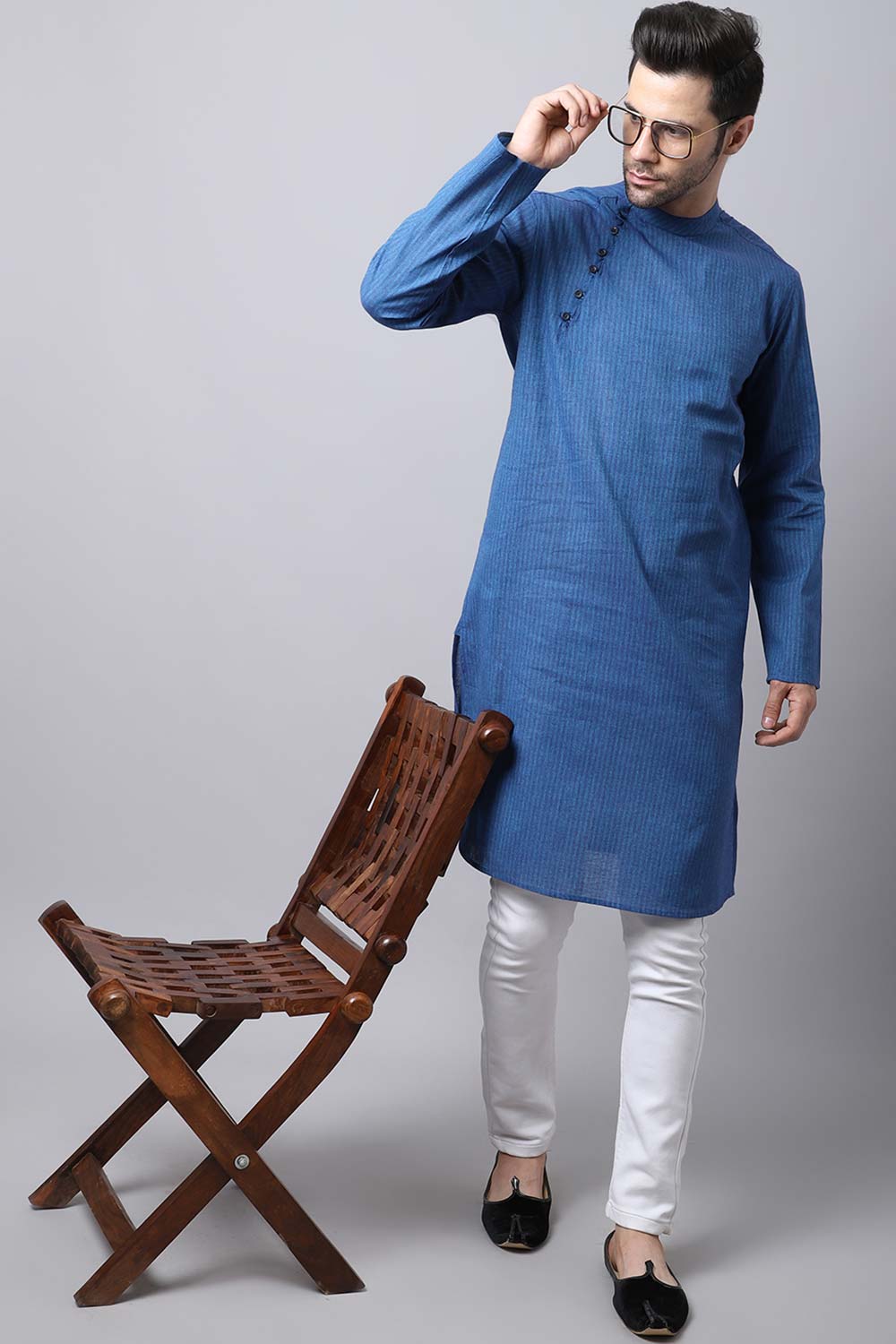 Men's Dark Blue Solid Full Sleeve Long Kurta Top