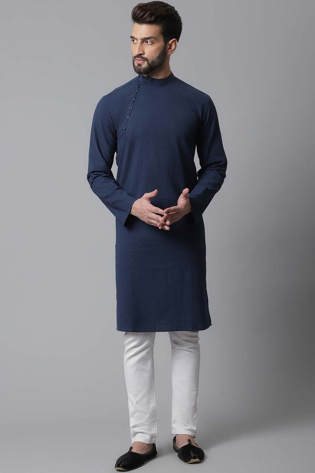 Buy Men's Blue Cotton Stripes Long Kurta Online - KARMAPLACE