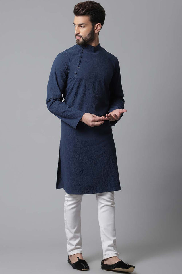 Buy Men's Blue Cotton Stripes Long Kurta Online - KARMAPLACE