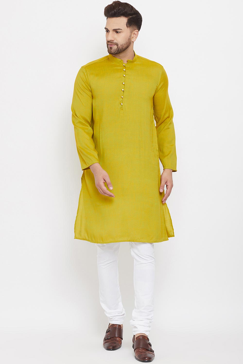Buy Men's Rayon Solid Kurta in Yellow Online