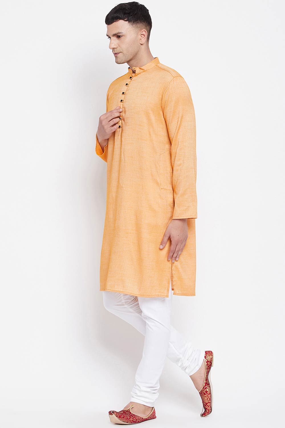 Buy Men's Rayon Solid Long Kurta in Light Yellow - Back