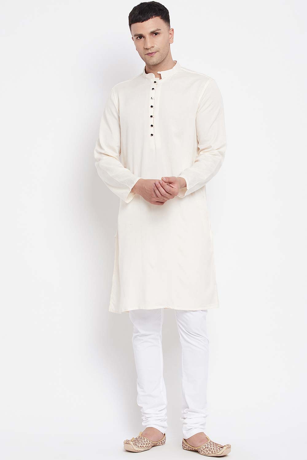 Buy Men's Rayon Solid Long Kurta in Light Cream