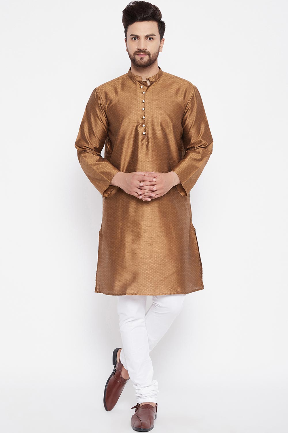 Buy Men's Dupion Art Silk Solid Kurta in Brown