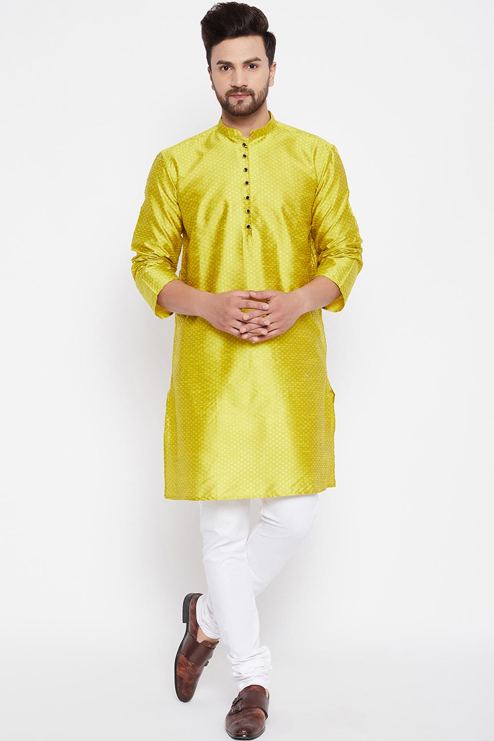 Buy Men's Dupion Art Silk Solid Kurta in Yellow