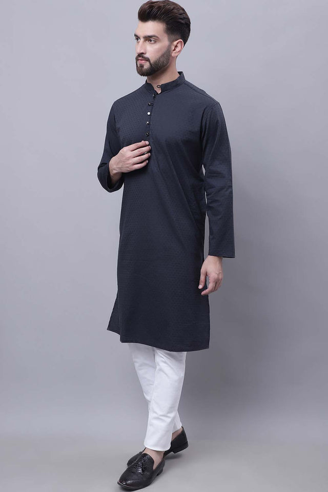 Buy Men's Black Cotton Self Design Long Kurta Top Online - Back