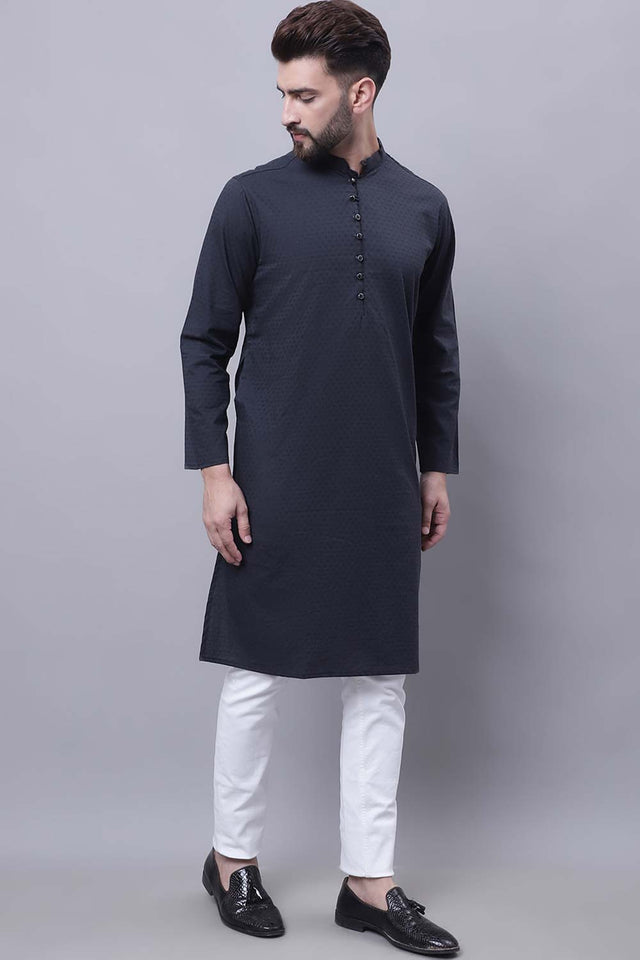 Buy Men's Black Cotton Self Design Long Kurta Top Online - Front