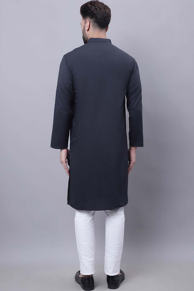 Buy Men's Black Cotton Self Design Long Kurta Top Online - Side
