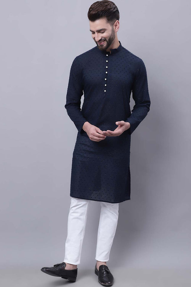 Buy Men's Blue Cotton Self Design Long Kurta Top Online