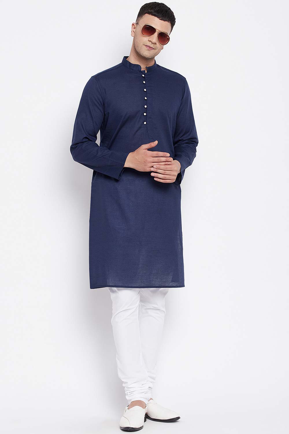 Buy Men's Rayon Solid Long Kurta in Navy Blue - Front