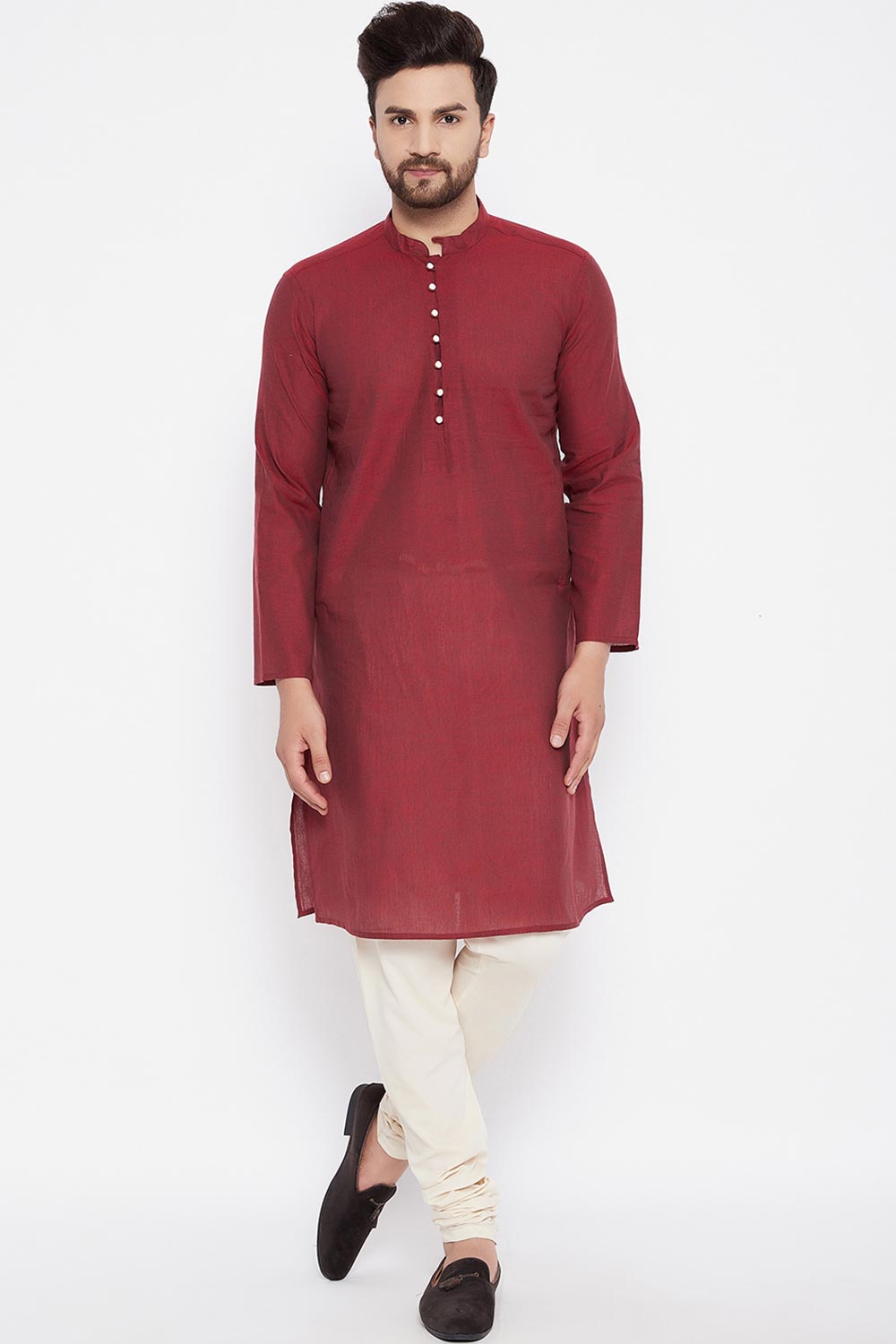 Buy Men's Dupion Art Silk Solid Kurta in Maroon