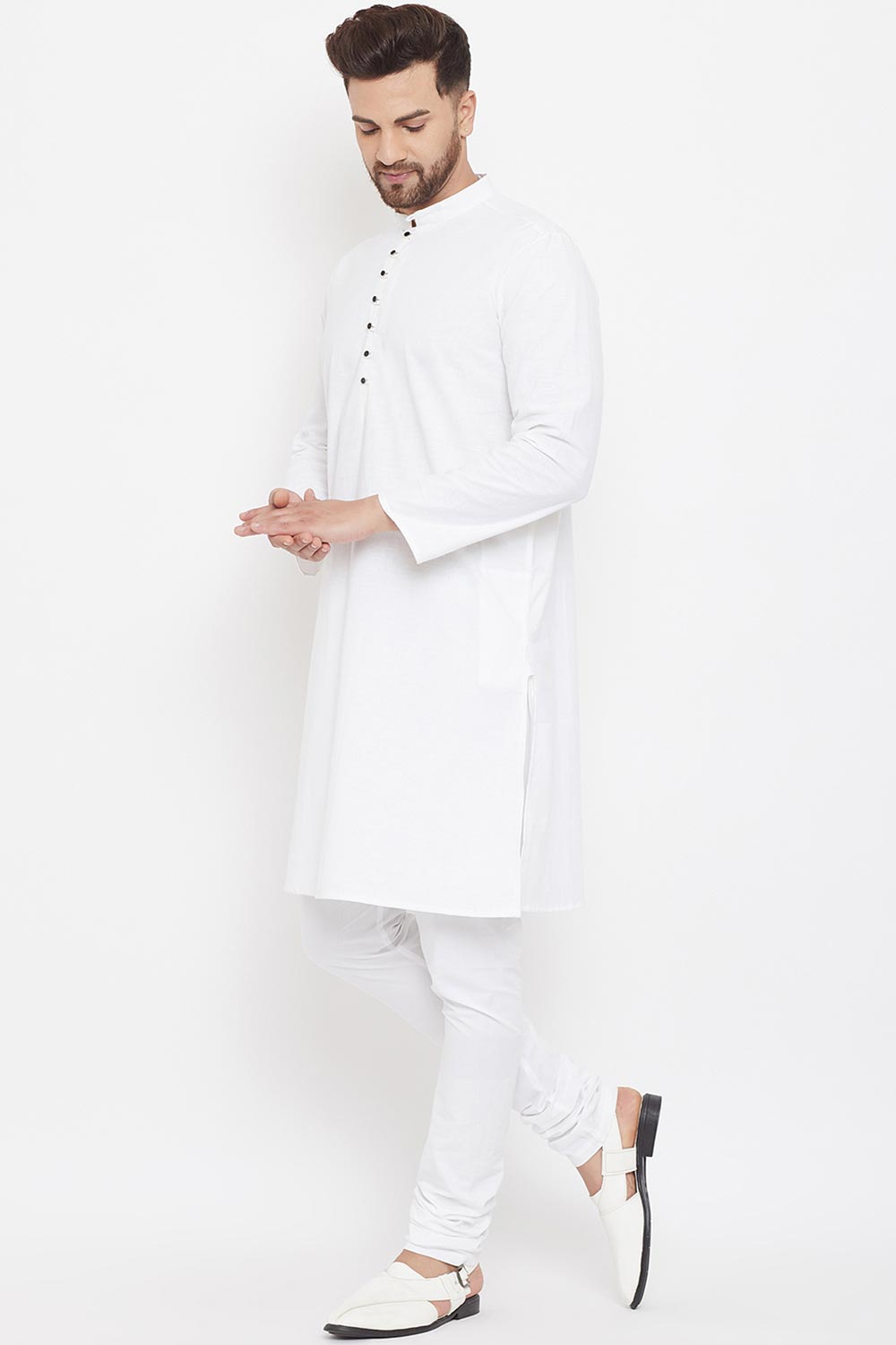 Buy Men's Blended Cotton Solid Kurta in White - Front