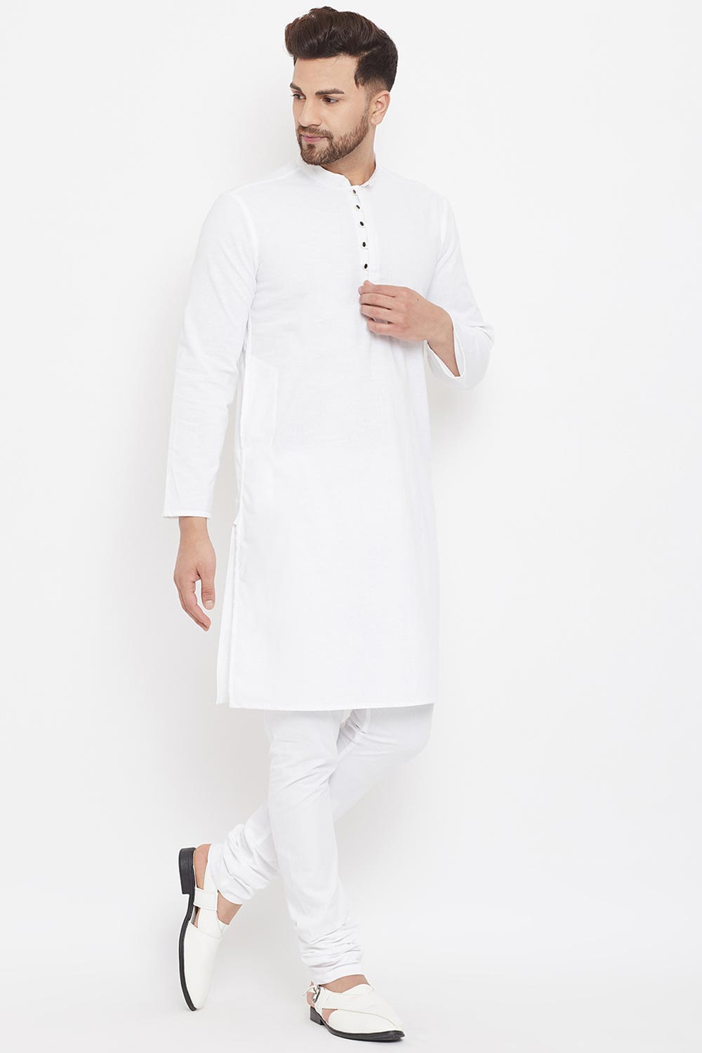 Buy Men's Blended Cotton Solid Kurta in White - Side