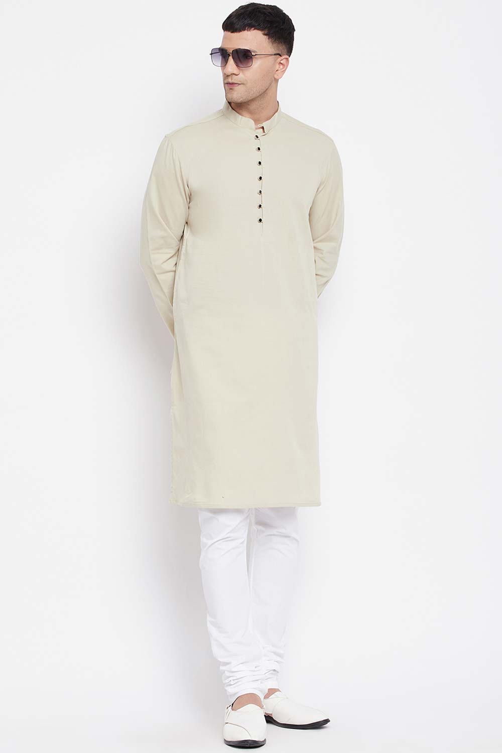 Buy Men's Pure Cotton Woven Long Kurta in Navy Blue - Front