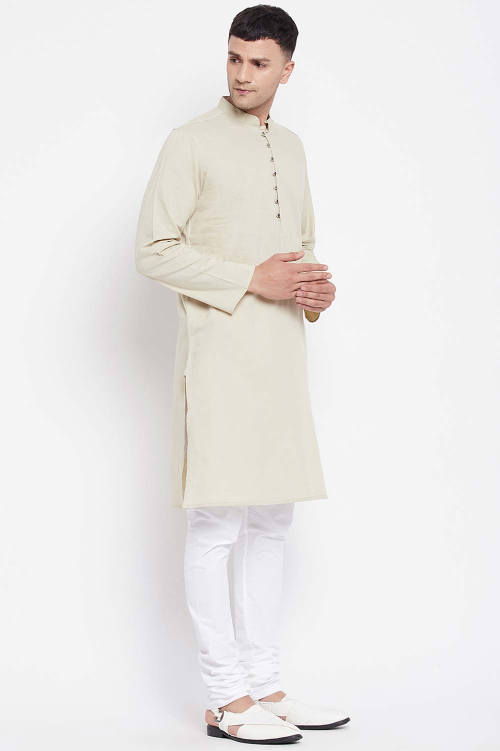 Buy Men's Pure Cotton Woven Long Kurta in Navy Blue - Side