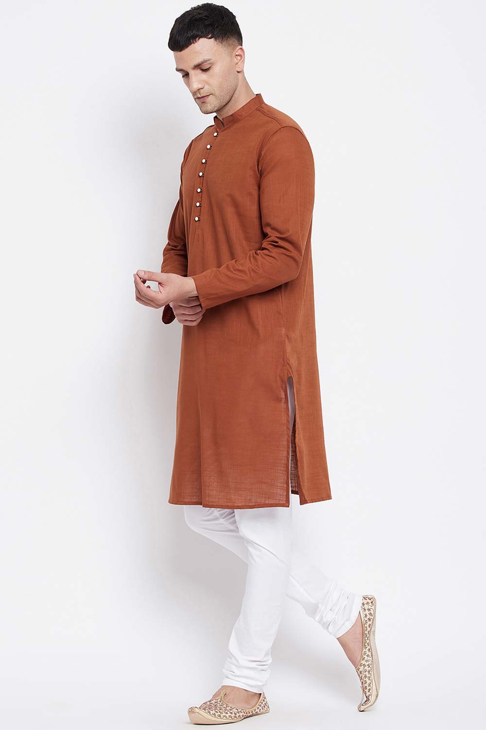 Buy Men's Pure Cotton Solid Long Kurta in Light Brown - Back