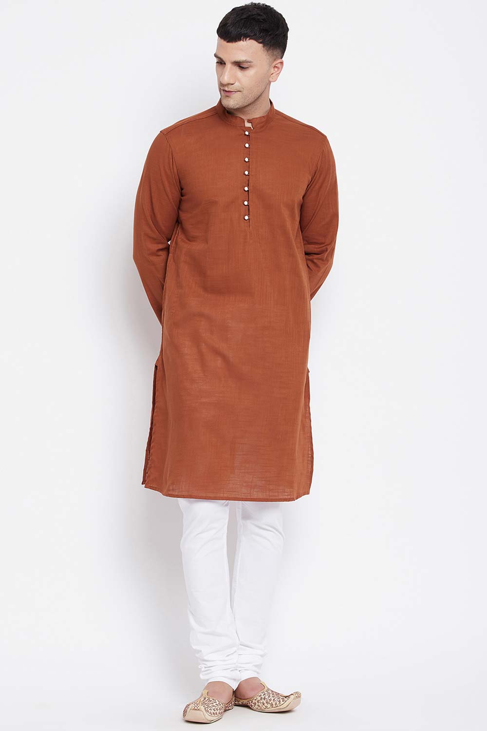Buy Men's Pure Cotton Solid Long Kurta in Light Brown