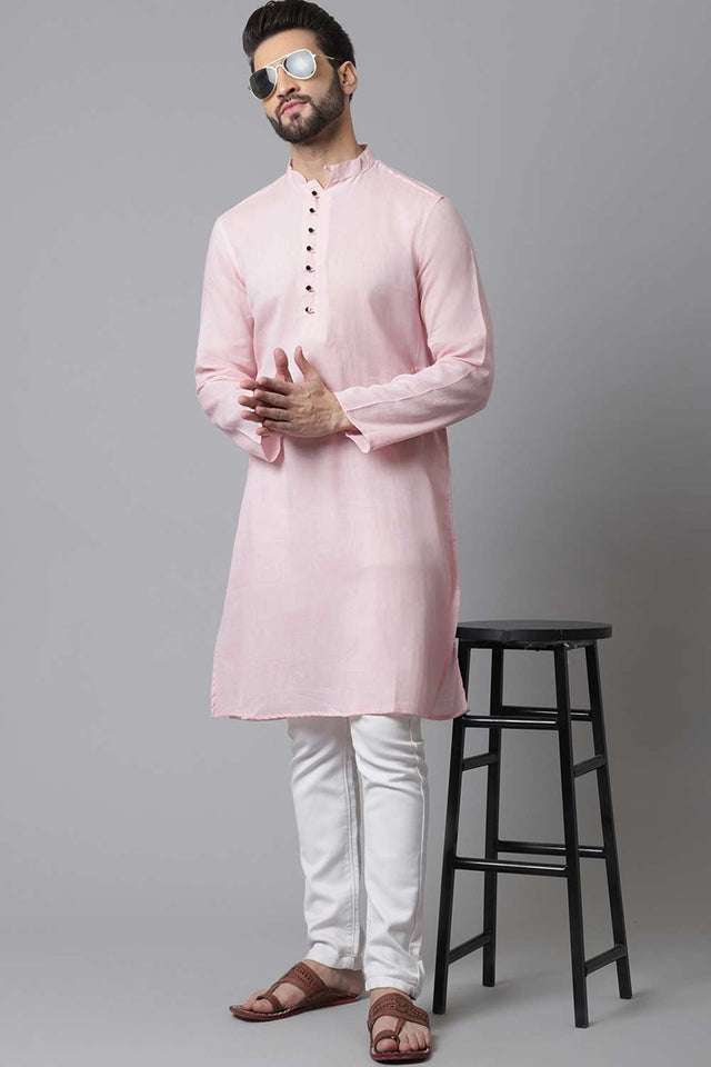 Men's Pink Cotton Solid Long Kurta