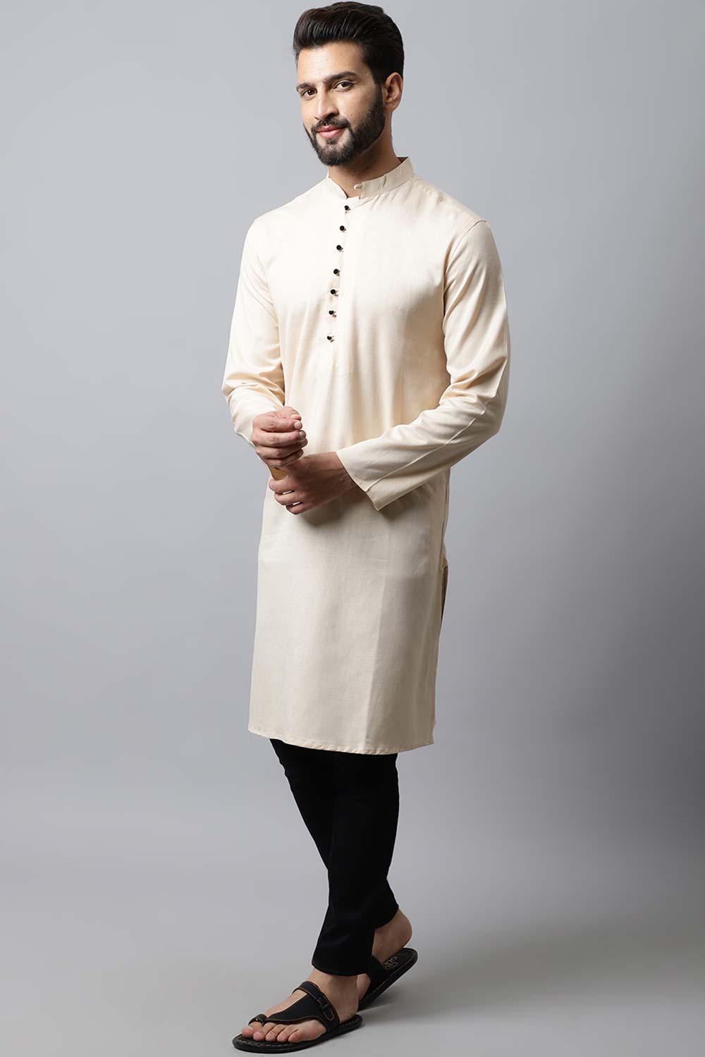 Men's Light Cream Solid Full Sleeve Long Kurta Top
