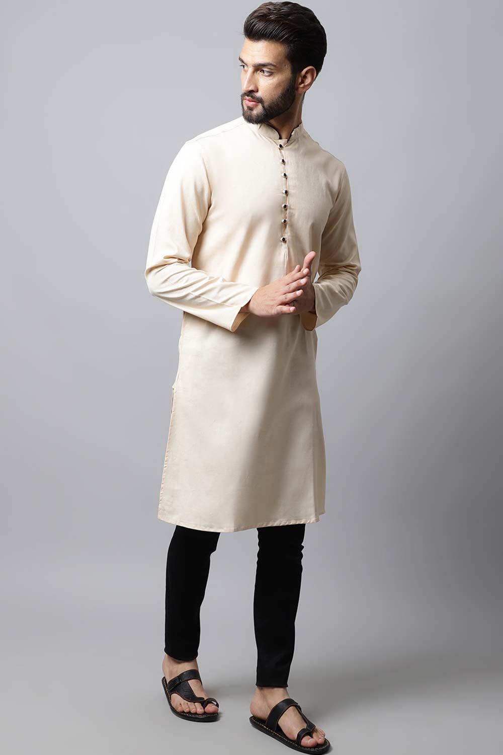 Men's Light Cream Solid Full Sleeve Long Kurta Top
