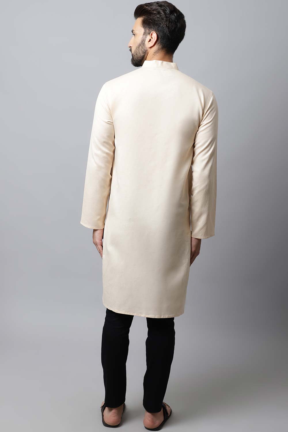 Men's Light Cream Solid Full Sleeve Long Kurta Top