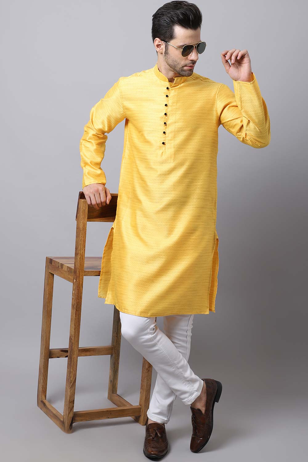 Men's Light Yellow Self-Design Full Sleeve Long Kurta Top (LPP-SLK1187-YWB)