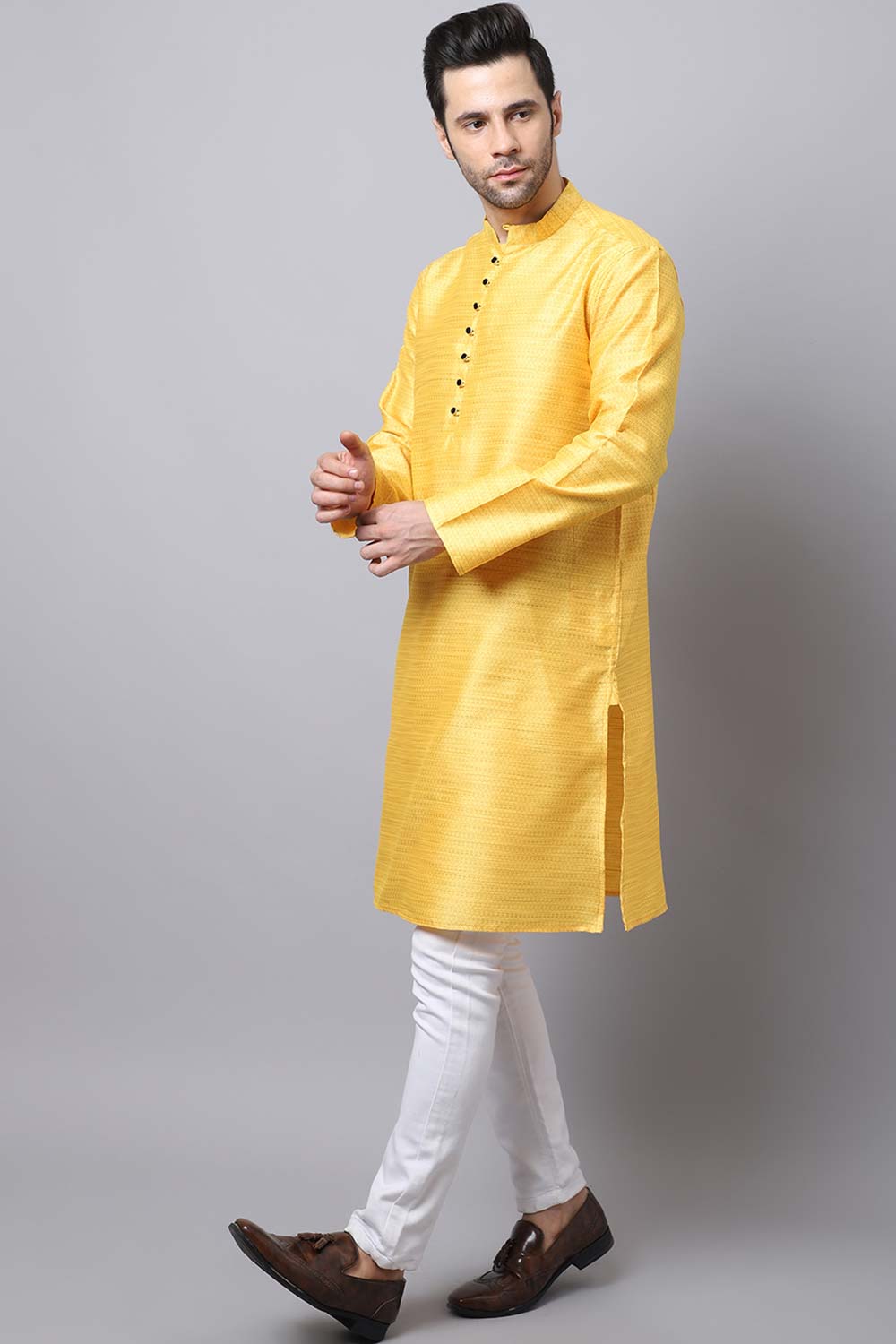 Men's Light Yellow Self-Design Full Sleeve Long Kurta Top (LPP-SLK1187-YWB)