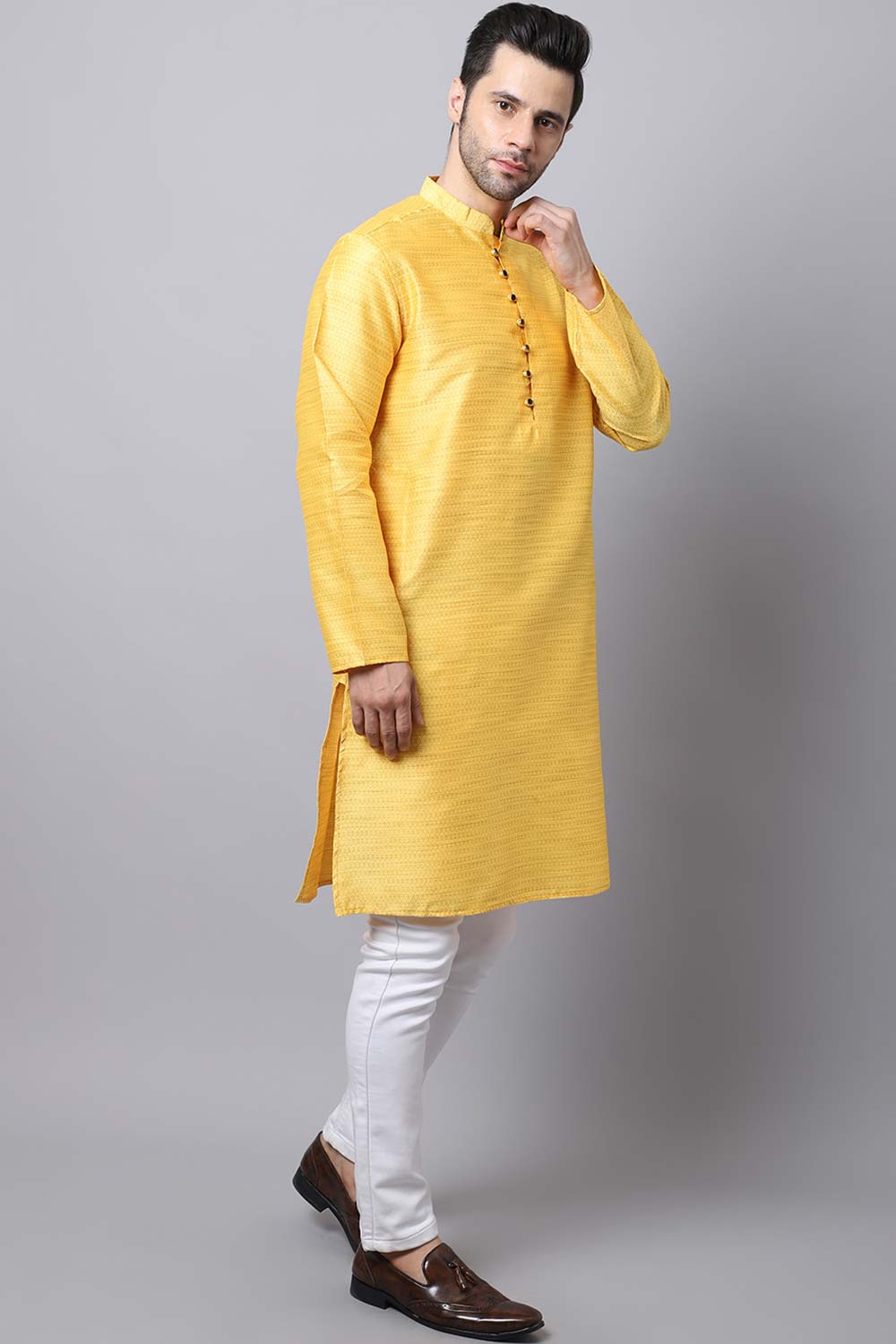 Men's Light Yellow Self-Design Full Sleeve Long Kurta Top (LPP-SLK1187-YWB)
